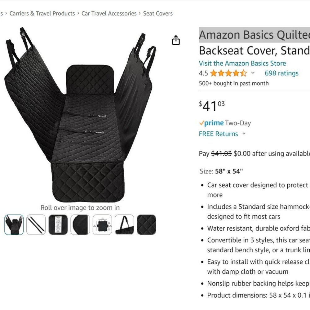 Amazon Basics Quilted Water Resistant Hammock Car Backseat Cover 58" x 54" NEW